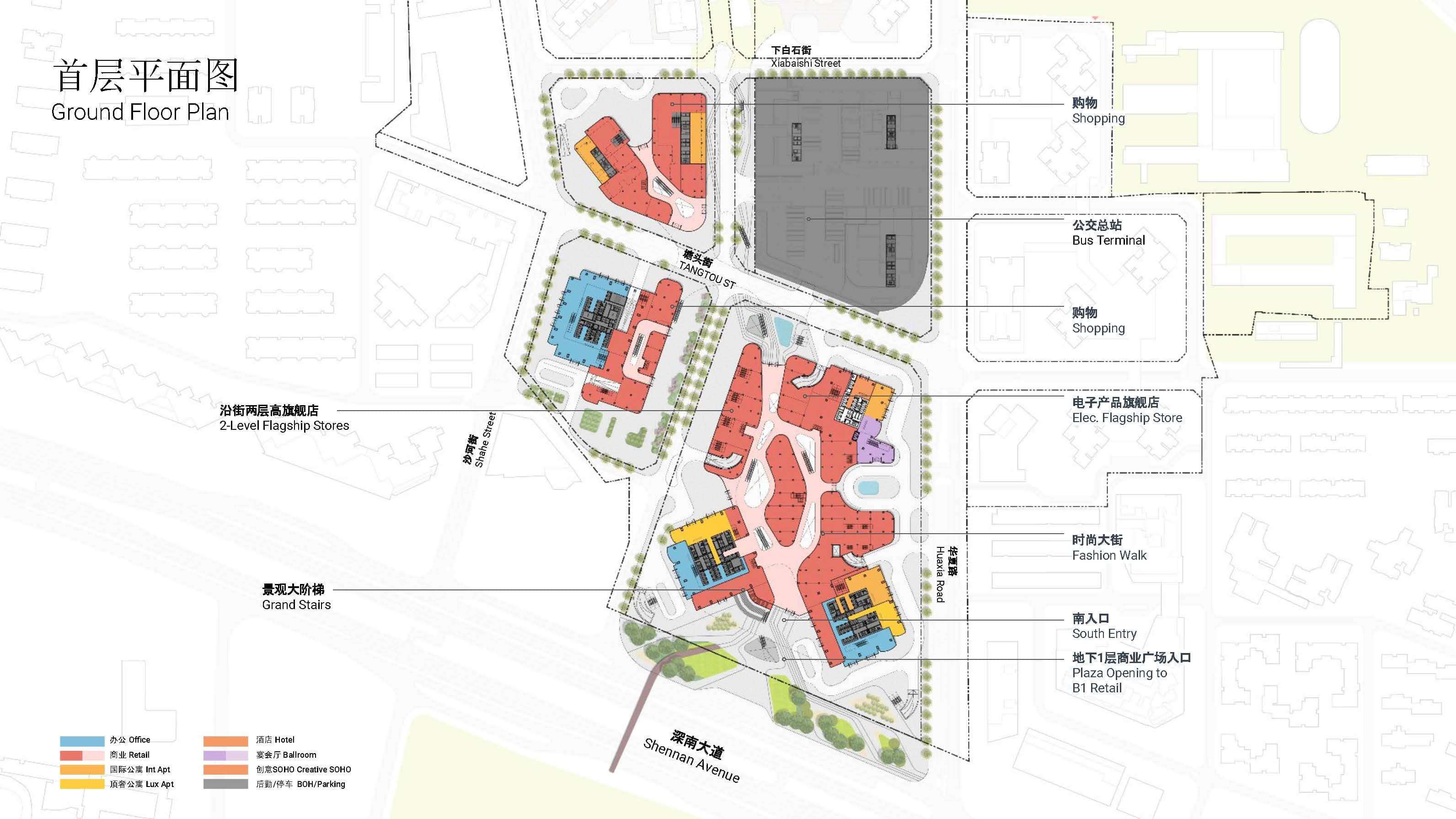 Ground-level landscape plan — retail gardens, groves, and drop-off gateways