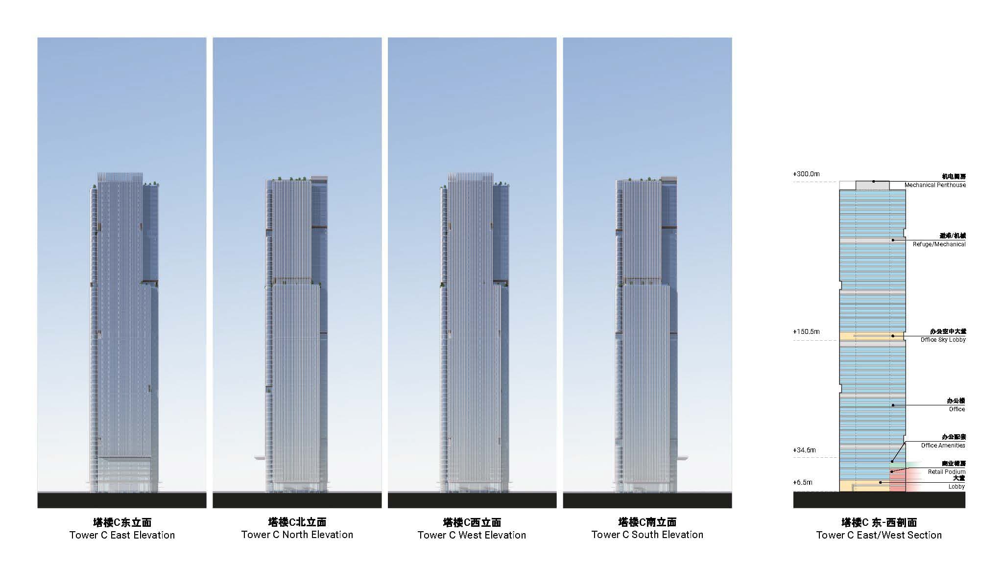 Tower elevations — the twin towers reading as a gateway on Shennan Avenue