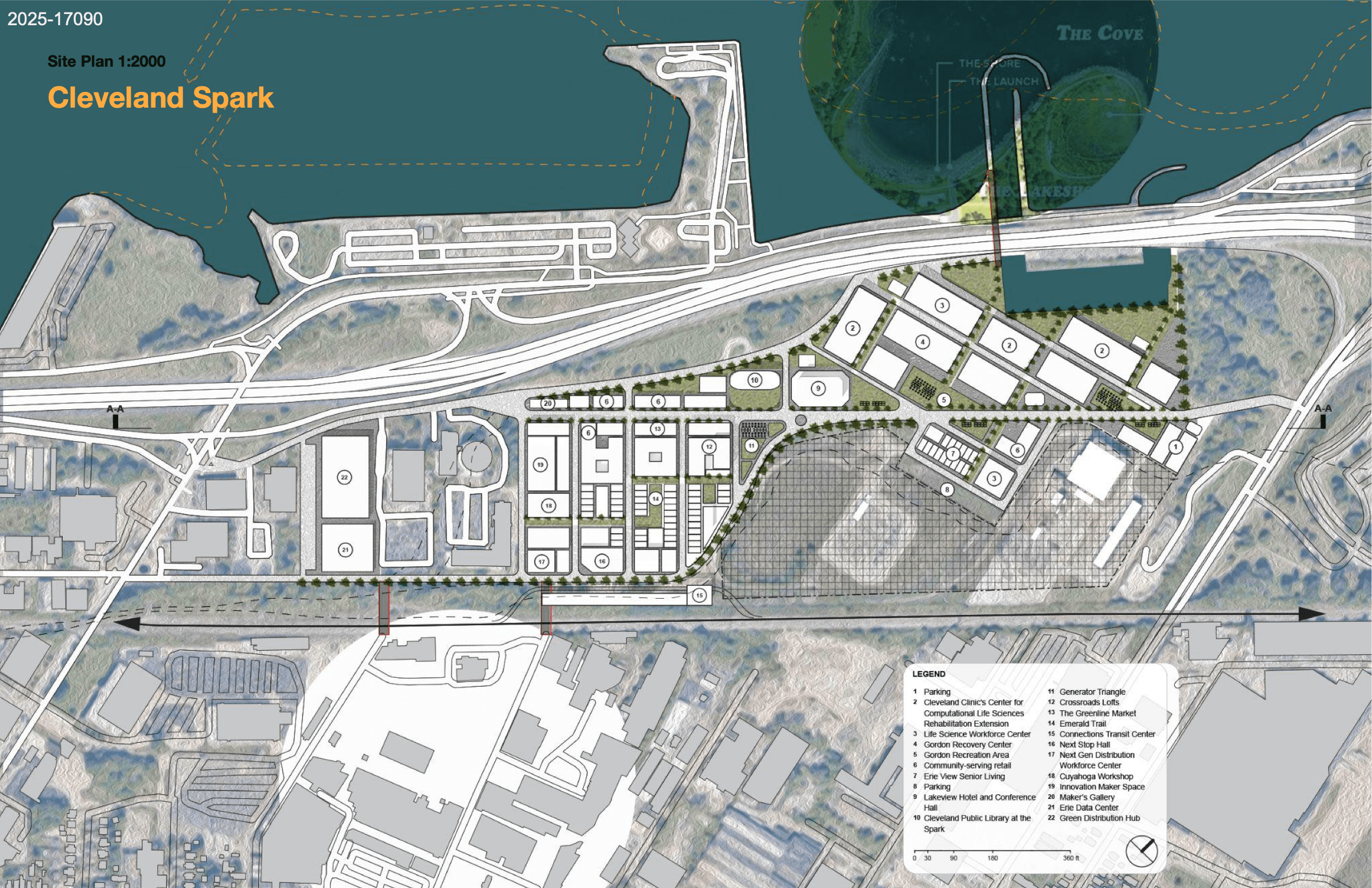 Site plan 1:2000 — eight development blocks along Conduit Avenue, from the green delta to the historic cooling pond
