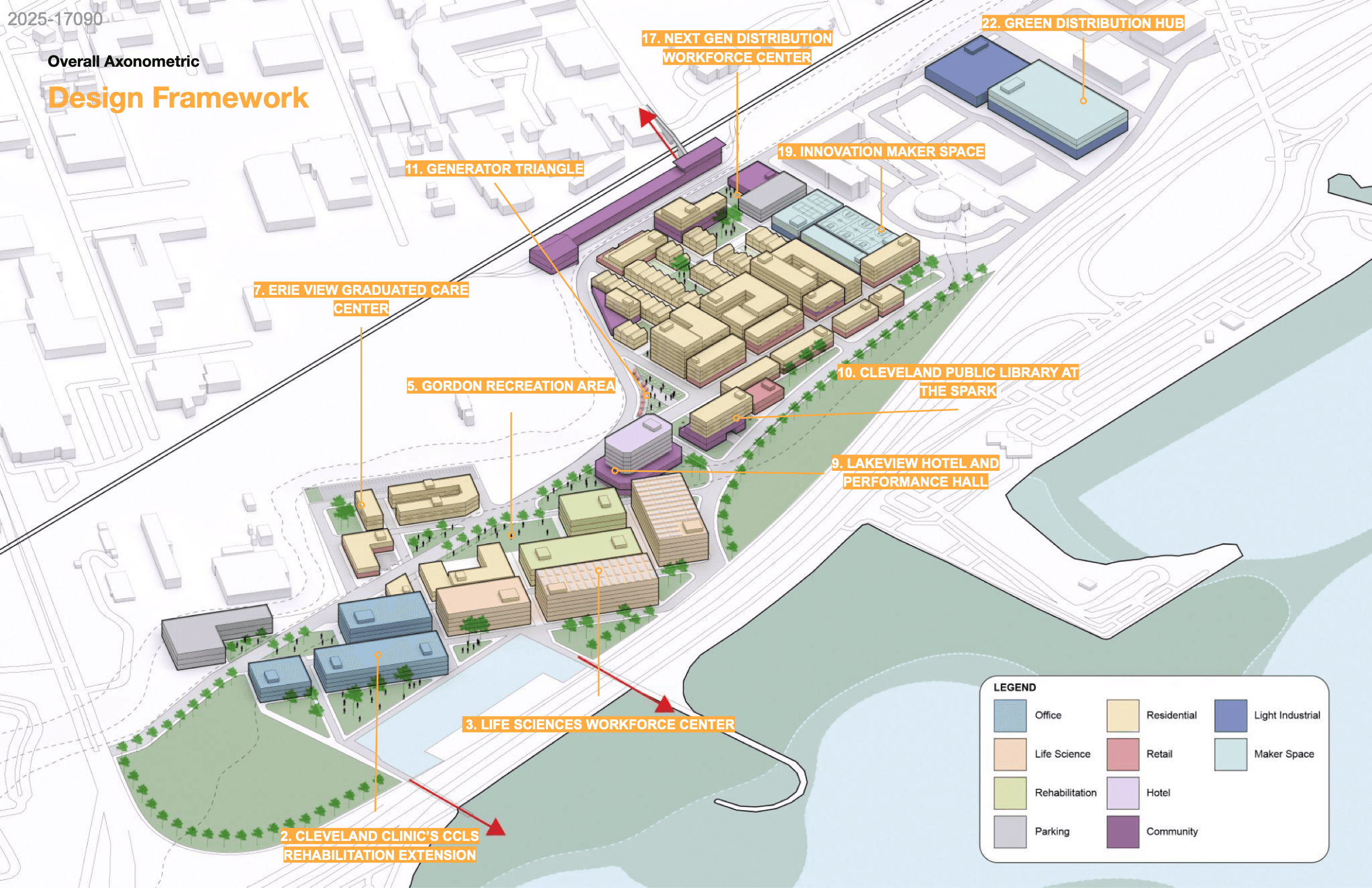Overall axonometric — workforce, life-science, recovery, and distribution programs across the site