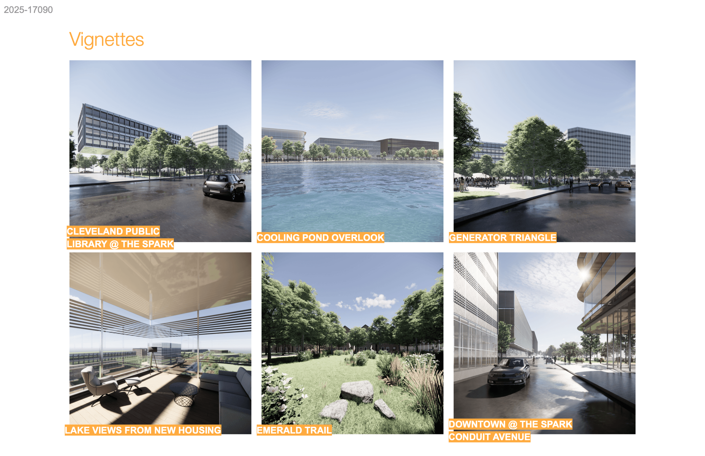 Street-level vignettes — the library, cooling pond overlook, Emerald Trail, and Conduit Avenue